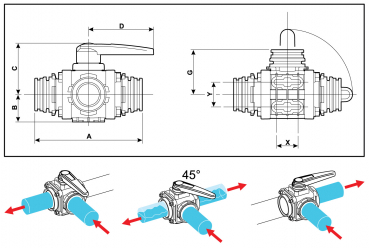 Preview: Arag Ball Valve 3-way series 453 lateral T-fork-coupling