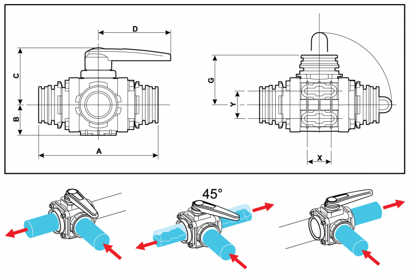 Arag Ball Valve 3-way series 453 lateral T-fork-coupling
