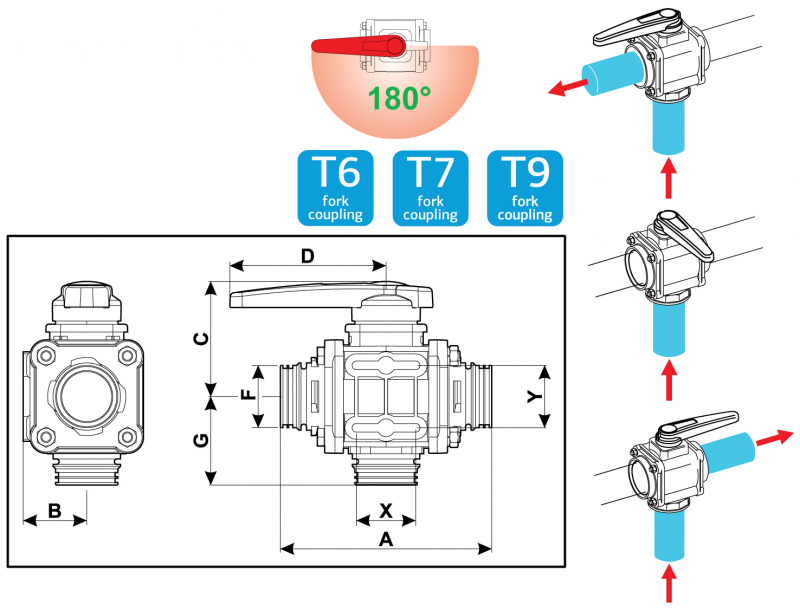 Arag Ball Valve 3-way series 453 T-fork-coupling