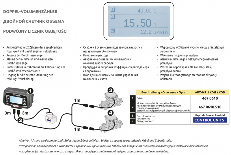 Connection diagram for Arag Display VISIO with 2 Flowmeters
