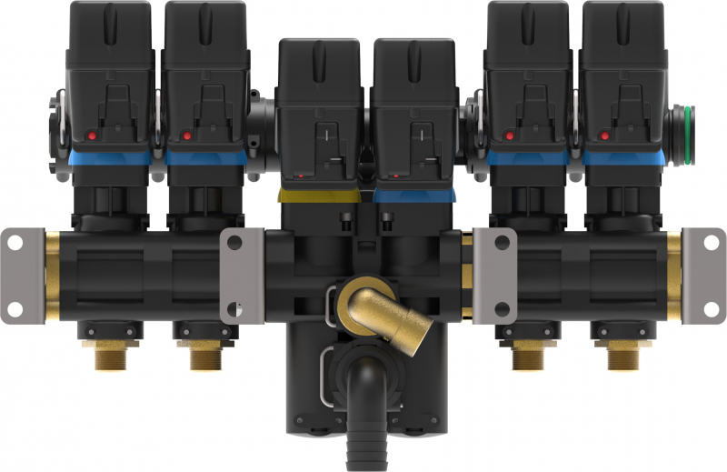 Compact pressure control valve with four sections and filter
