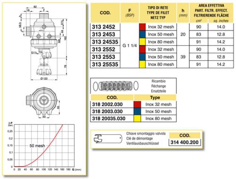 Arag intake filter with 1¼" male thread and valve – series 313