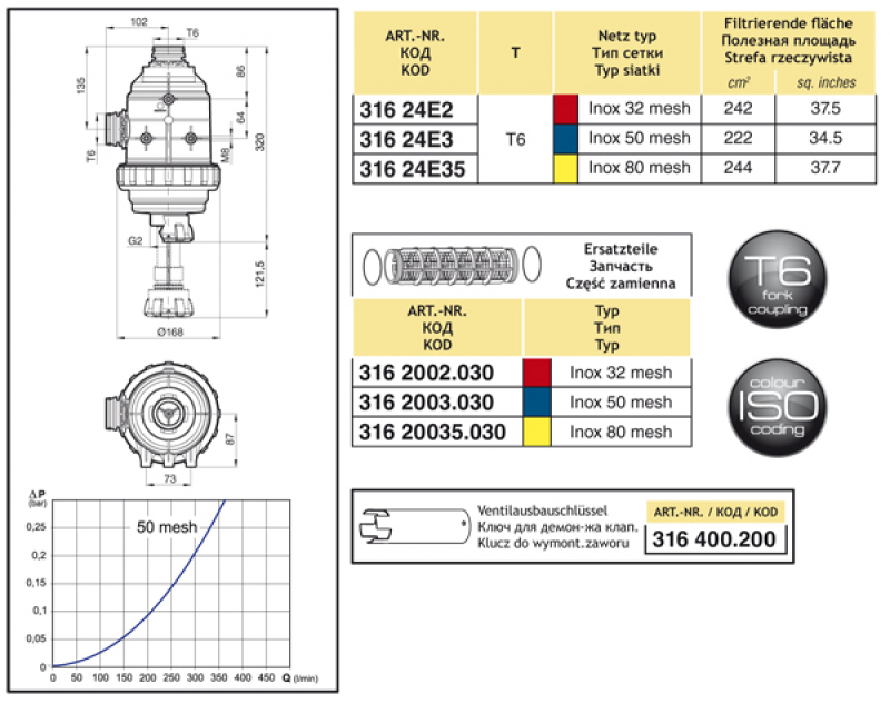 Arag Saugfilter mit T6 Anschluss - Serie 316 mit Ventil